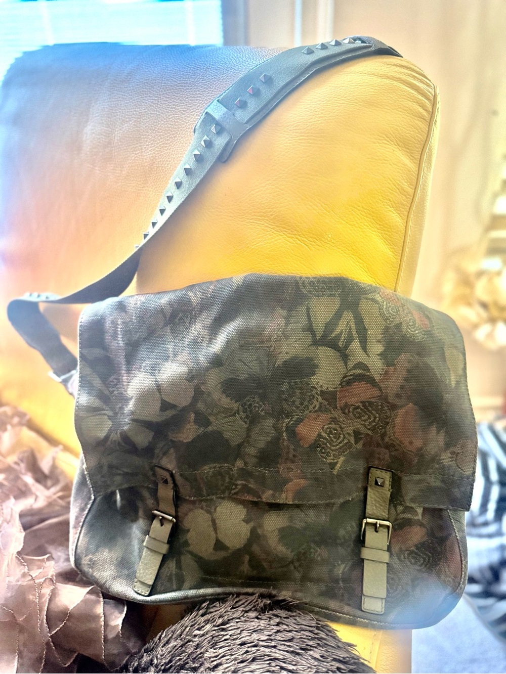 Valentino Garavani Olive Green and Brown Floral Canvas Messenger Bag
